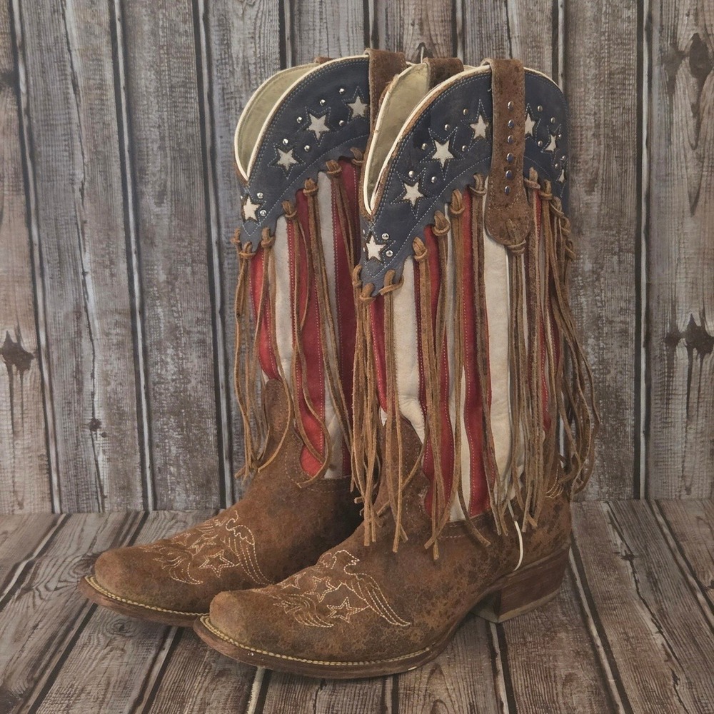 10 B Womens J.B Dillon Blazing Star Durango Patriotic Flag Fringe Western Boots